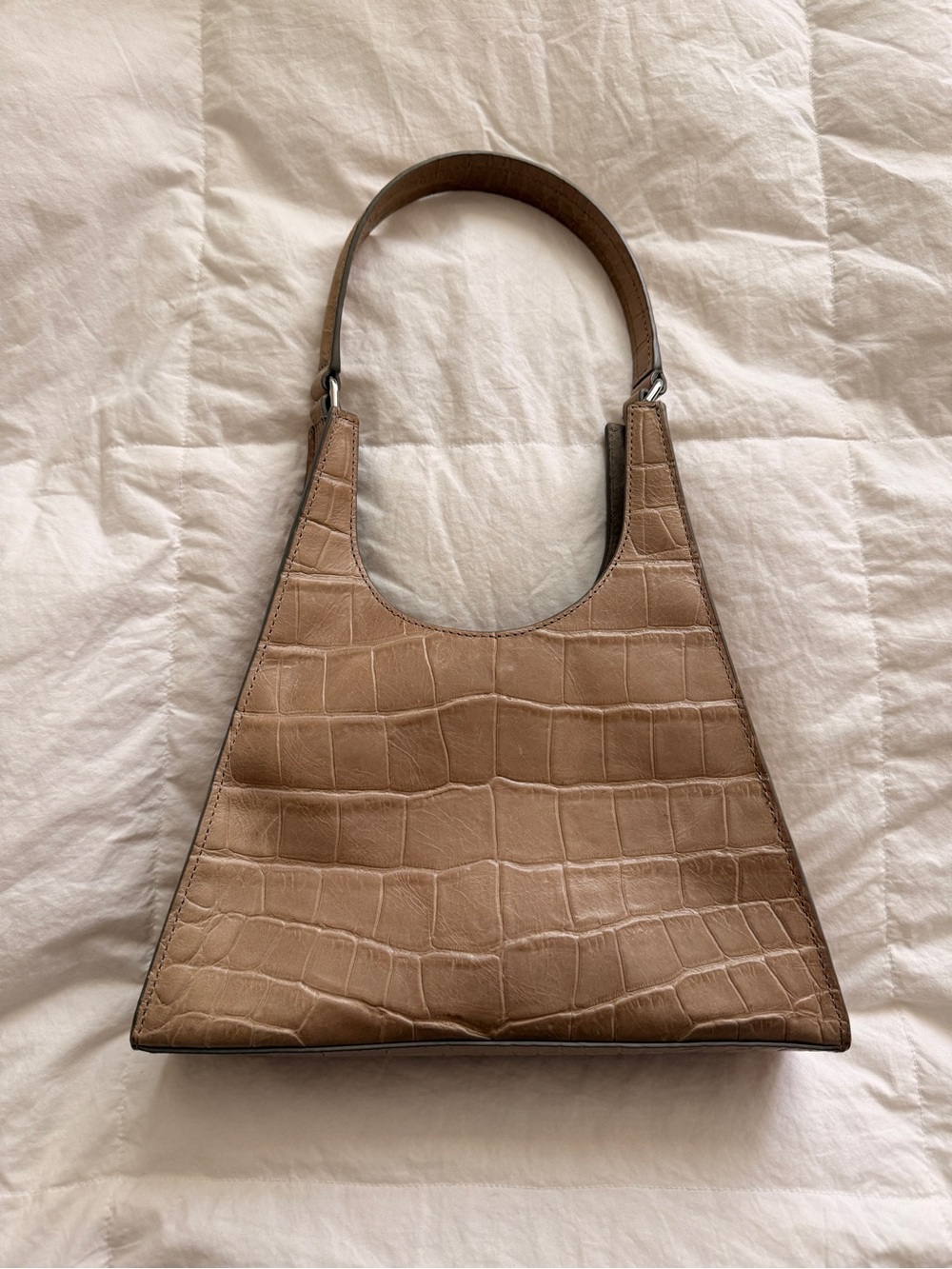 STAUD Rey Croc Embossed Leather Shoulder Bag Taupe Beige